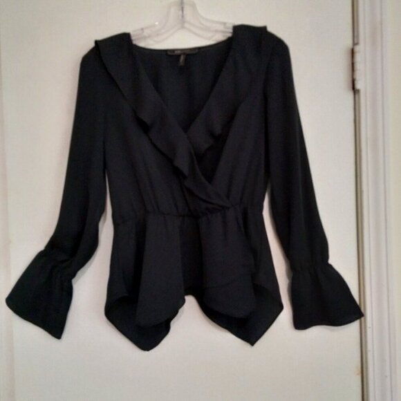 BCBGMaxAzria Tops - Black Long Sleeve Top Ruffled Low Neck&Cuffs Layers of Pointed Cuts on Hem Sz S